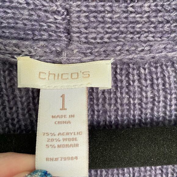 Chico’s Women’s 1 Medium Purple 3/4 Sleeve Cable Knit Cardigan Sweater - Picture 3 of 5